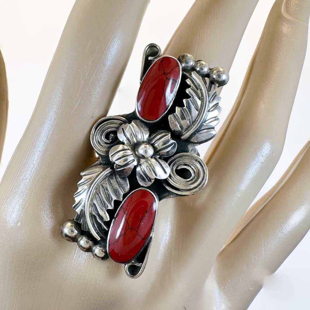 Red Jasper Ring, Esperanza, Silver, Signed, Mexico, Statement, Long, Feather